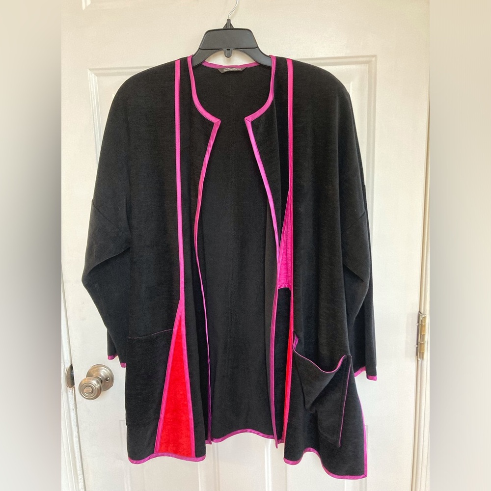 ANNIKKI KARVINEN Bold Fuchsia Black Artsy Jacket Lagenlook Red Trim Woman OS